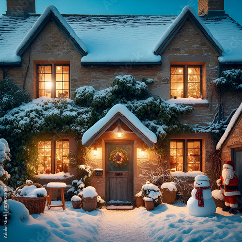Old cozy English Cottage covered with Snow. Decorated Country house on Christmas eve