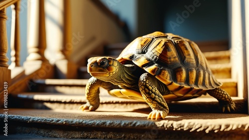 Turtle on sunlit steps: serenity and warmth in nature's slow pace photo