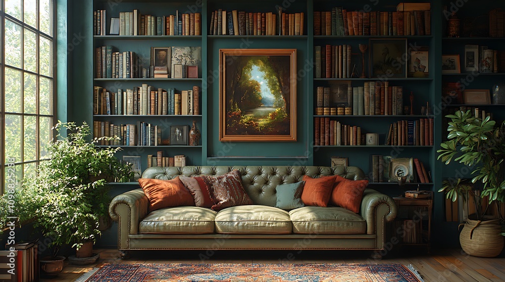 Fototapeta premium Cozy Library Living Room Interior Design