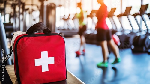 A red first aid kit on a gym bench, with blurred figures of two athletes in the background. photo