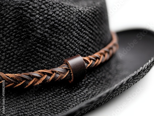 Close-up of black cowboy hat with leather band, isolated against white, crisp detail and texture ideal for an ad display photo