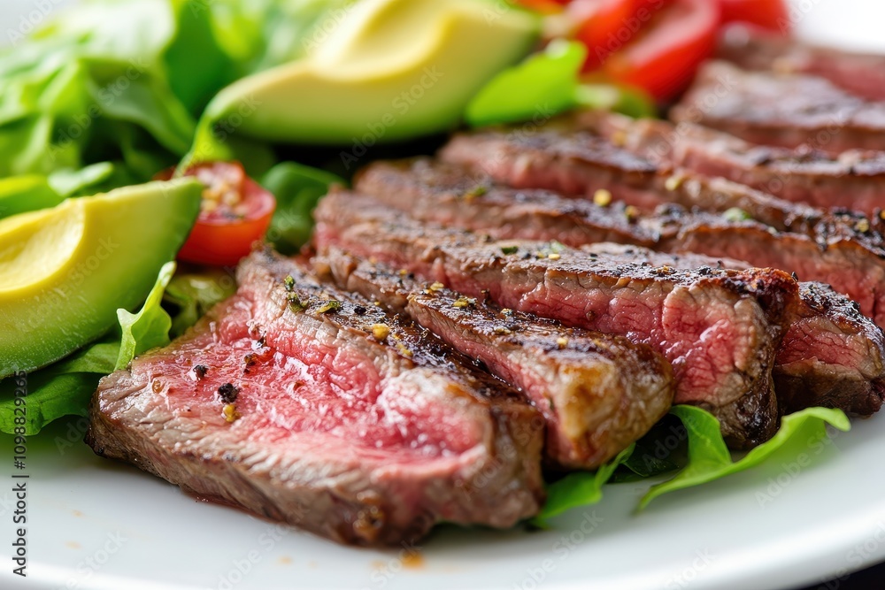 Fototapeta premium Close up of sliced skirt steak with salad and avocado on a plate leaving space for text