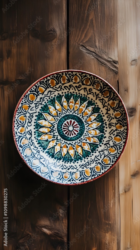 Fototapeta premium ceramic plate on a wooden table top view