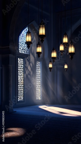 moonlight shining through the window to the inside of an islamic mosque with hanging lanterns ai generative
