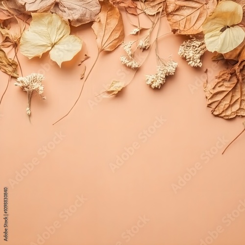 autumn composition of dry autumn leaves and flowers on a pastel background top view copyspace ai generative