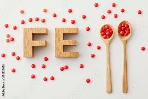 Flat lay of lettered wooden cubes a spoon and red pills on white indicating anemia treatment photo