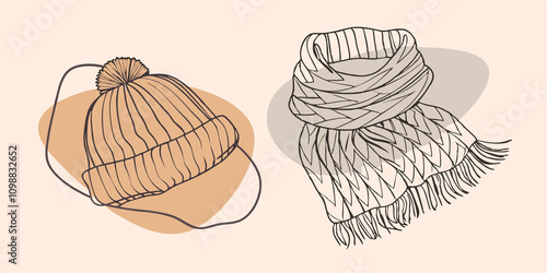 A knit cap tightly pulled over tousled hair paired with a featherlight infinity scarf that artfully cascades around a warm woolen sweater perfectly shielding against brisk winds. photo