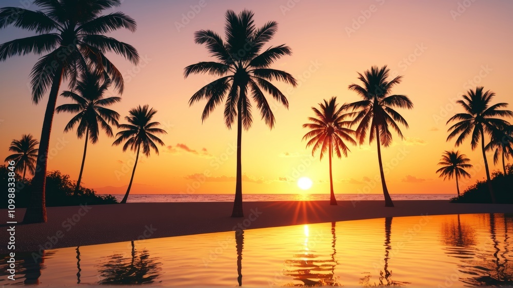 Fototapeta premium Tropical sunset with silhouetted palm trees reflecting on tranquil beach waters
