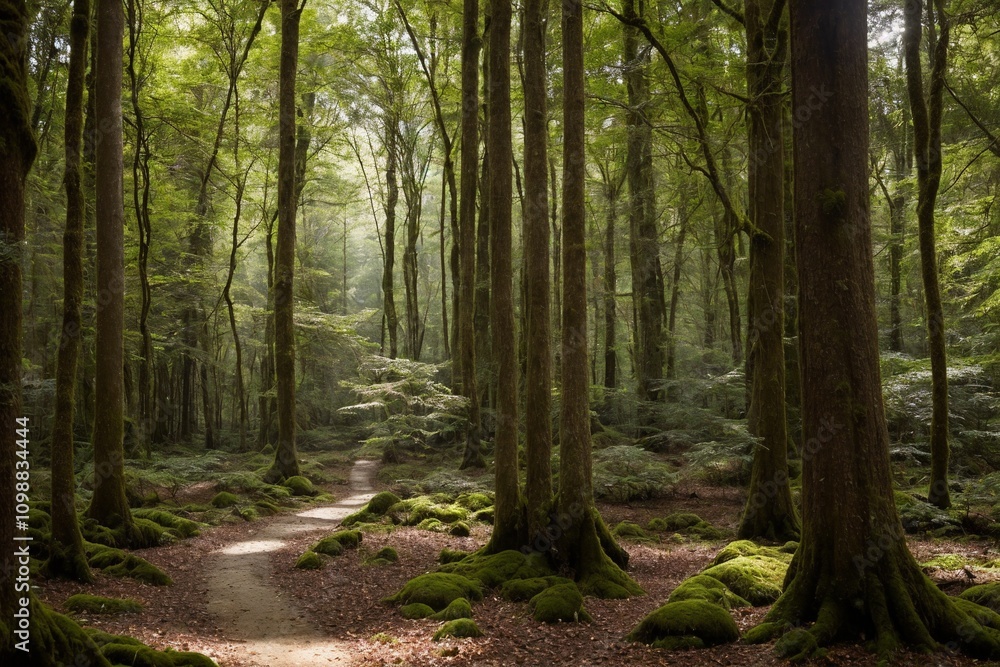 Obraz premium A peaceful forest scene with dense trees and a soft carpet of moss covering the ground. Small mushrooms are scattered throughout the forest floor, nestled among the fallen leaves and ferns.