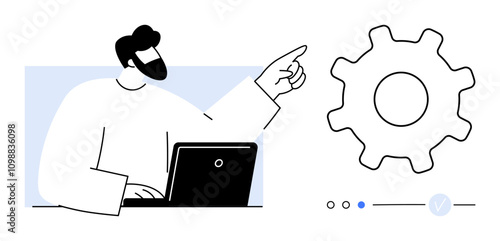 Man pointing at large gear symbol next to laptop. Ideal for technology, setup guides, configuration, IT support, software development, system optimization, and troubleshooting themes. Line metaphor