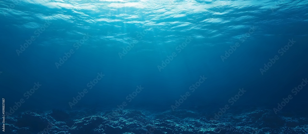 Obraz premium Underwater scene showing ocean floor and sunlit surface.