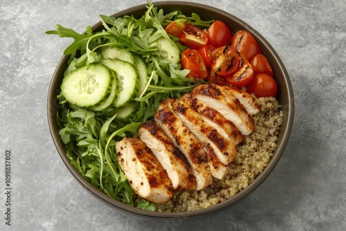 Nutritious bowl meal featuring grilled chicken quinoa avocado tomatoes cucumbers and arugula on a gray surface Bird s eye view photo