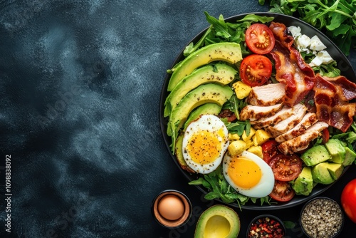 Nutritious chicken cobb salad featuring avocado bacon tomato cheese and eggs American cuisine Overhead perspective Flat layout banner photo