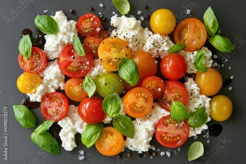 Nutritious dish Mixed salad of vibrant cherry tomatoes cottage cheese basil garnished with olive oil balsamic sea salt and black pepper Viewed from above on a d photo