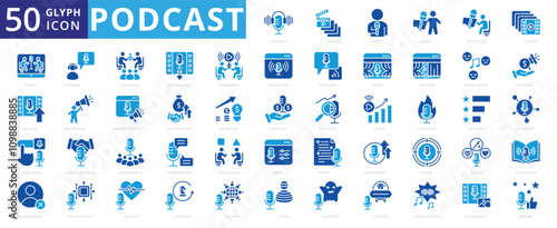 Podcast icon set with intro, host, community, guest, technology, education, health, network, chart, interview, culture, advertisement, crime, discussion, download, streaming, and collaboration
