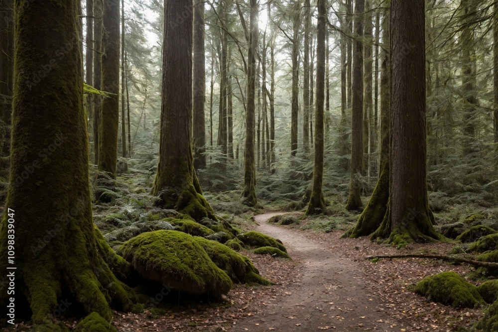 Obraz premium A peaceful forest scene with dense trees and a soft carpet of moss covering the ground. Small mushrooms are scattered throughout the forest floor, nestled among the fallen leaves and ferns.