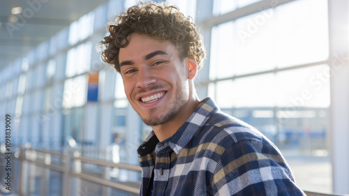 A smiling young man with curly hair, wearing a plaid shirt, enjoys a sunny day at the airport, exuding positivity and readiness for adventure. photo