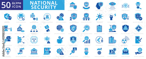 National security icon set with defense, intelligence, surveillance, cyber security, espionage, homeland, counter, resilience, state, attack, nuclear, agency, strategy, and counter terrorism.