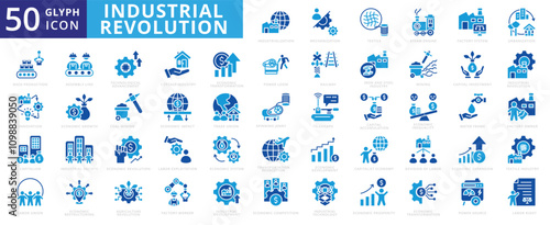 Industrial Revolution icon set with mechanization, textile, steam engine, factory system, urbanization, mass production, economic, worker, transformation, technology, innovation, and development