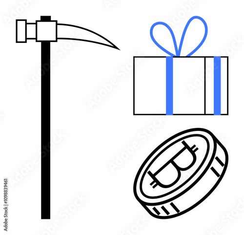 Pickaxe, gift box with blue ribbon, and Bitcoin coin illustrate cryptocurrency mining, blockchain rewards, and digital transactions. Ideal for finance, technology, investments, e-commerce blockchain