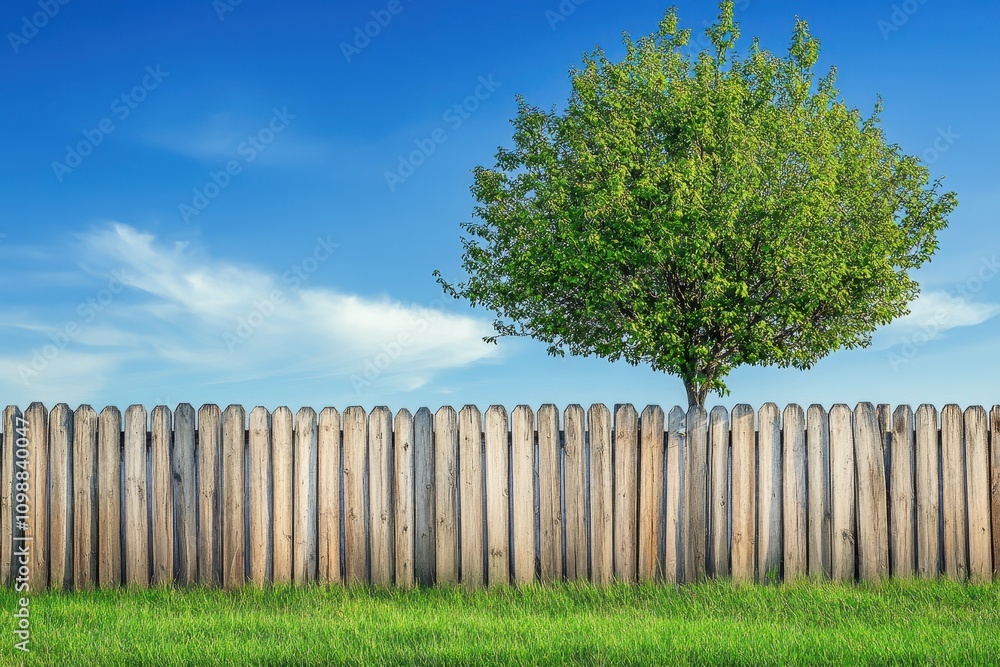 Fototapeta premium Outdoor scene with a wooden barrier a tree and lush grass