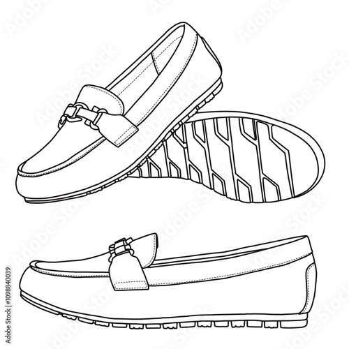 Women's Loafers Comfortable and Lightweight Slip On Flat Shoes Line art, Technical sketch hand drawing outline vector doodle various view isolated on white background for coloring page