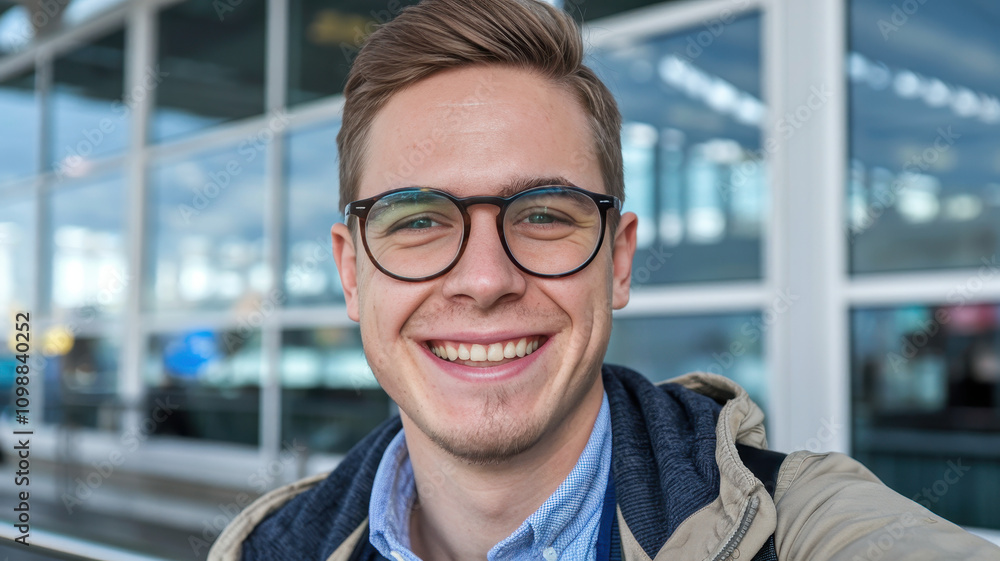 Obraz premium Smiling young Caucasian man in glasses at an airport, showcasing excitement for travel.