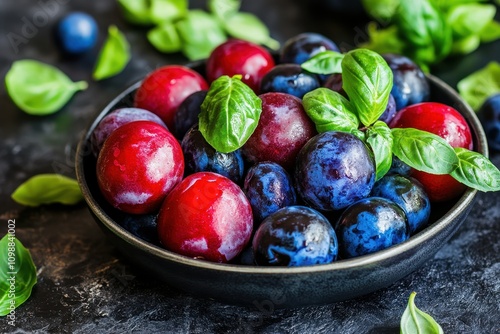 Plum basil and mozzarella salad Nutritious basil salad Caprese style salad with plums Fresh caprese variant Unique caprese with blue plum photo