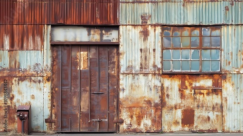 Rusty Metal Building Exterior with Door and Window