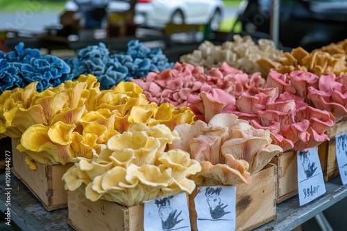 Various mushrooms including golden yellow pink blue oysters and lion s mane at a local market photo