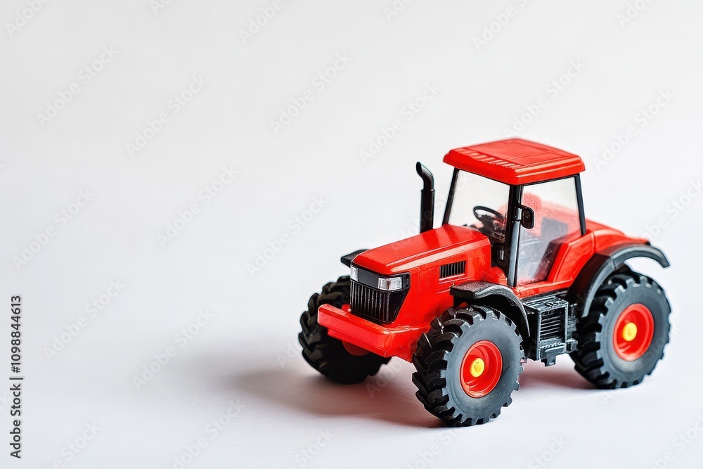 Obraz premium Vivid crimson toy tractor on a white backdrop front view of the upper section