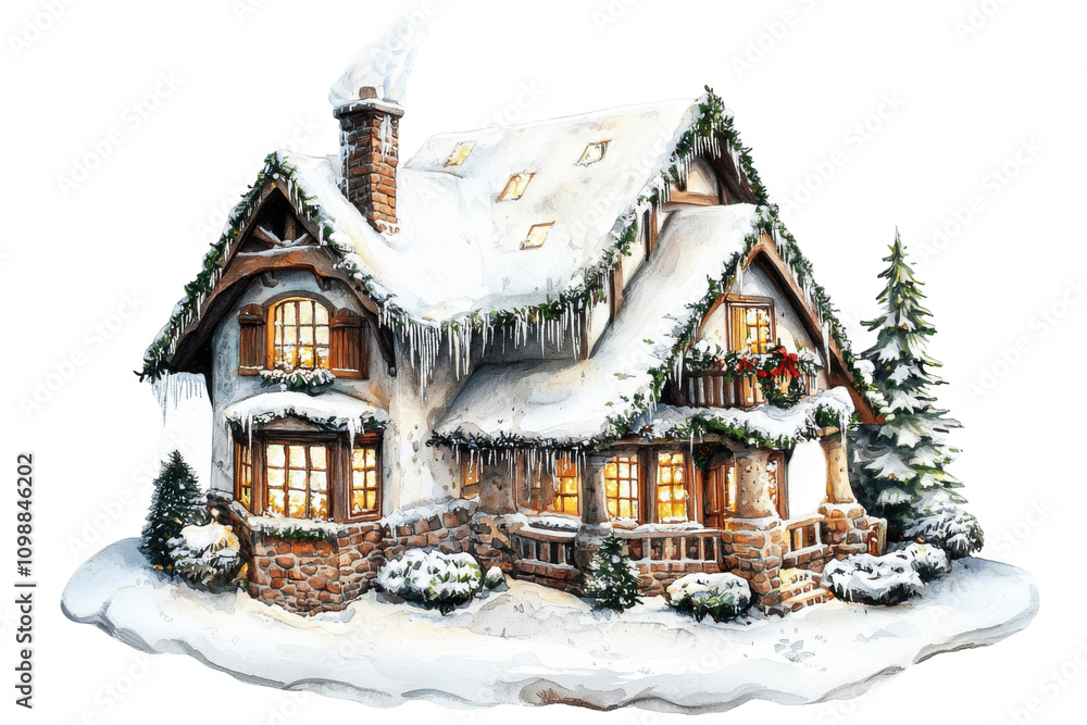 Fototapeta premium A watercolor depiction of a cozy winter house on a white background. Perfect for holiday cards, gift wrap, and other seasonal artwork.