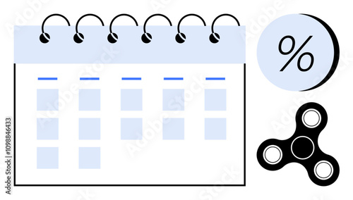 Calendar with spiral binding, percentage icon, and black fidget spinner. Ideal for productivity, time management, planning, focus, organization, efficiency, and business strategies. Line metaphor