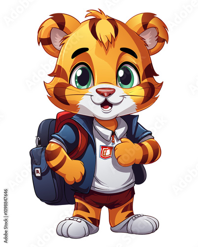 Surprised tiger cub with backpack on transparent background in cartoon style.
