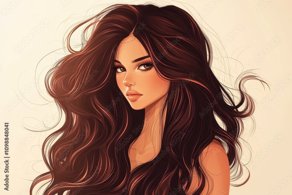 Naklejka premium Brunette girl with long glossy waves beautiful model with curls