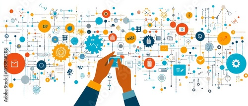 Innovative technology integration demonstration creative workspace infographic style digital environment aerial view modern conceptualization