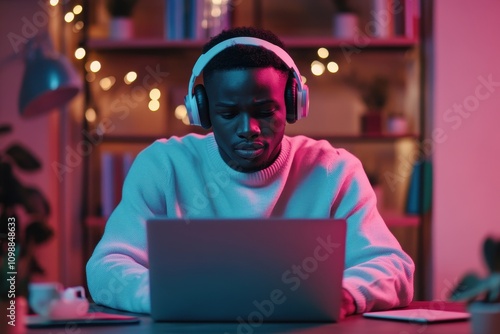 Determined young African entrepreneur studies online with headphones taking notes during a webinar on his laptop at his workspace reflecting e learning principl photo