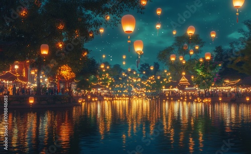 Enchanted Lantern Festival by the Water, vibrant lanterns illuminate a festive night as crowds gather along the serene waterfront, reflecting joy and connection. photo