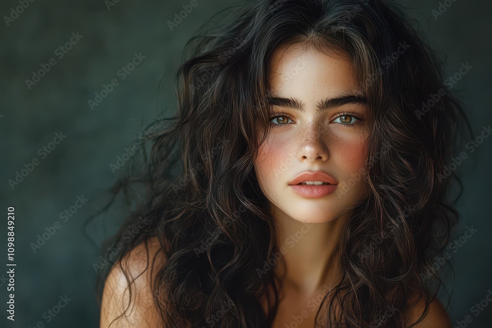 Naklejka premium Long haired brunette model with shiny curls and beautiful waves Beauty and care