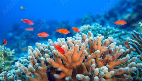 Orange Coral and Lyretail Anthias in a Reef Environment photo