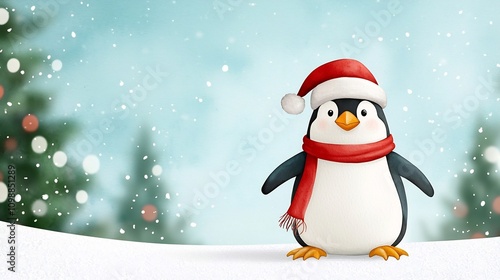 Whimsical watercolor painting of a penguin wearing a Santa hat and red scarf sliding down a snowy hill with a festive Christmas background of winter and holiday elements photo