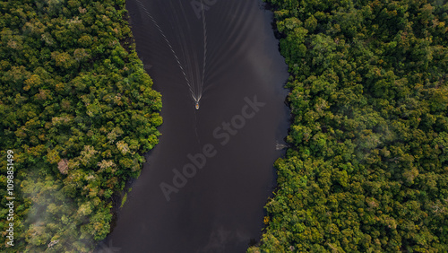 BLACK WATER RIVER IN THE PERUVIAN AMAZON, THE NANAY RIVER IS A LARGE IGAPO SURROUNDED BY LARGE FLOODABLE FORESTS, WHERE THERE IS A LOT OF BIODIVERSITY INSIDE, IN ALLPAHUAYO MISHANA photo