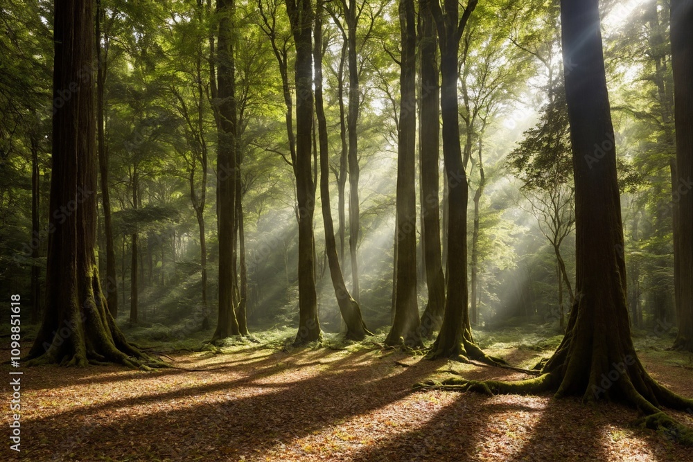 Obraz premium The trees stretch high into the sky, their thick trunks and branches creating a sense of grandeur. The air is fresh and crisp, and the peaceful atmosphere is undisturbed, with only the occasional rust
