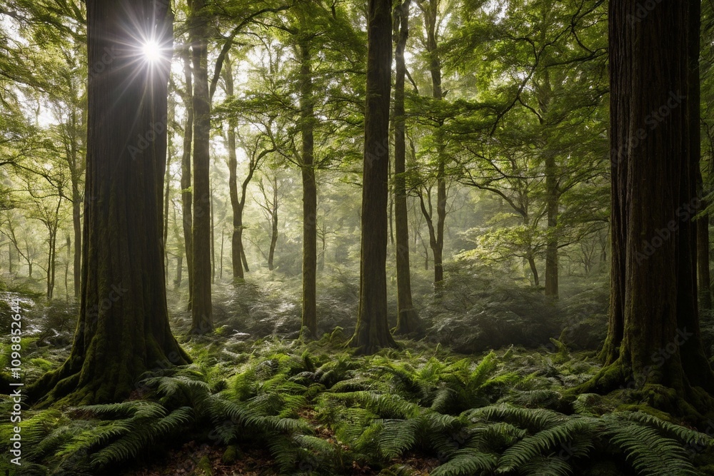 Obraz premium The trees stretch high into the sky, their thick trunks and branches creating a sense of grandeur. The air is fresh and crisp, and the peaceful atmosphere is undisturbed, with only the occasional rust