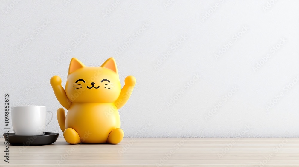 Fototapeta premium Golden Maneki Neko Cat Figurine Raising Paw on Minimalist White Background Traditional Japanese Prosperity and Luck Talisman Symbol Ornate Oriental Artifact Spiritual Auspicious Charm