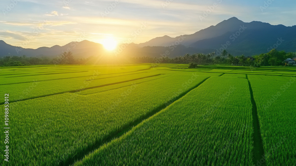 Obraz premium tranquil rice field at sunrise, surrounded by mountains and lush greenery, evokes sense of peace and serenity. morning mist adds to beauty of this landscape