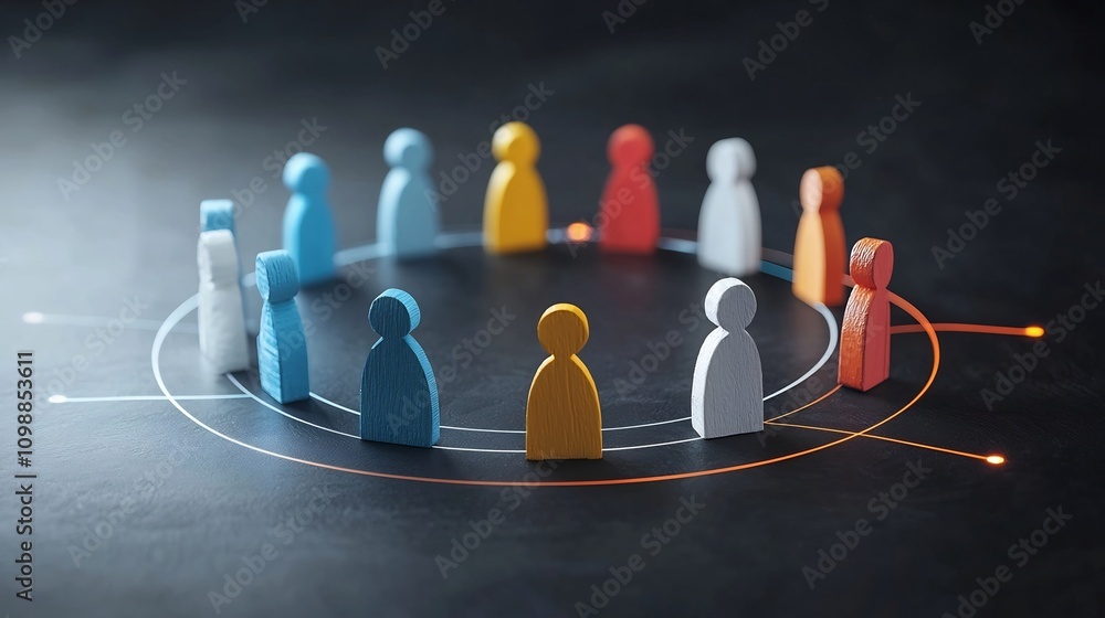 Obraz premium A visually striking digital featuring glowing 3D figures arranged in a circular formation connected by vibrant lines over a deep black background This image symbolizes the concepts of unity