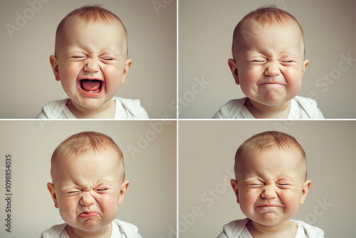 Baby s emotions: laughing, crying, curious, sleepy. Expressive panel illustration photo