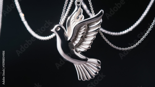 A stunning silver dove pendant gracefully suspended on delicate chains, symbolizing peace and freedom. photo