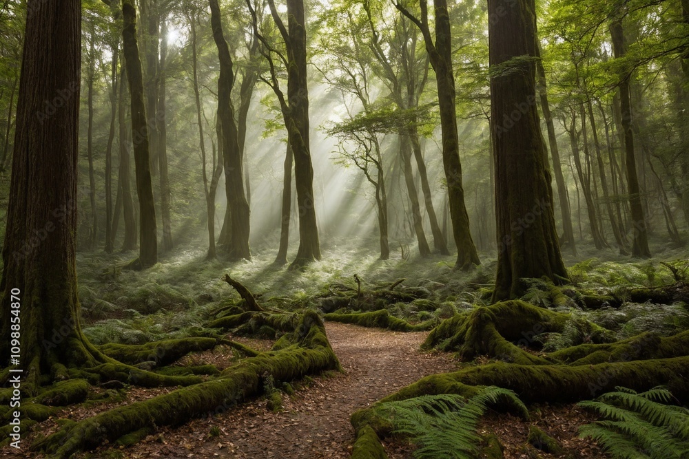 Obraz premium The trees stretch high into the sky, their thick trunks and branches creating a sense of grandeur. The air is fresh and crisp, and the peaceful atmosphere is undisturbed, with only the occasional rust